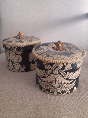 Vintage Embroidered Green and Gold Round Decorative Boxes (Pair)